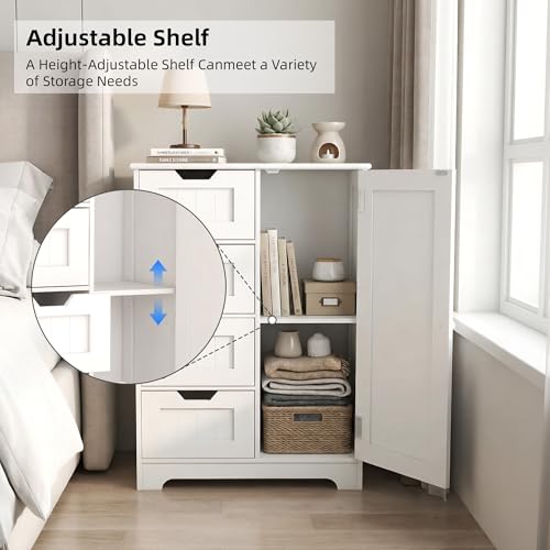 Casaphoria Bathroom Storage Cabinet with Drawers, Freestanding Floor Cabinet with Door and Adjustable Shelf, 4-Drawer Sideboard for Bathroom, Living Room, Kitchen, White - size: 22.04"L×11.81"W×32.68"H