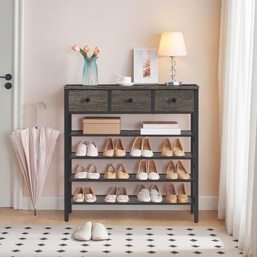 YATINEY 5-Tier Shoe Rack with 3 Drawers, Metal Shoe Organizer for 20 Pairs with Storage Shelves and Wooden Top, for Entryway, Hallway, Foyer, Closet, Charcoal and Black SS35BC - color: Charcoal + Black, size: 5 Tiers (37.6"H)
