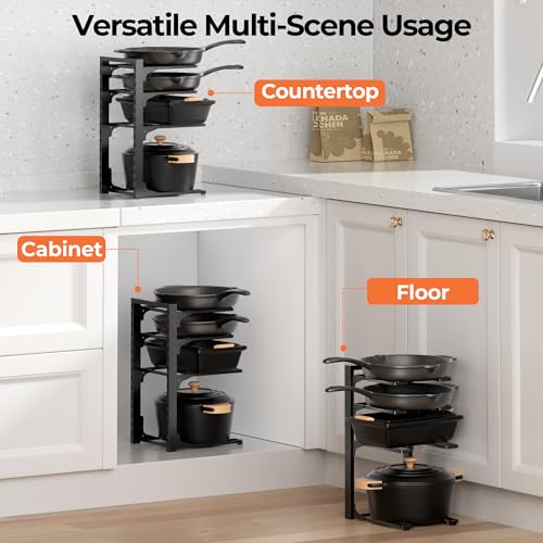 MUDEELA Pots and Pans Organizer under Cabinet 15.75" Tall, 4-Tier Heavy Duty Pan Organizers inside Cabinet Kitchen Storage, Adjustable Pot Rack Holds up to 44 LB Cast Iron Skillets Shallow Cookware - style: 4-Tier