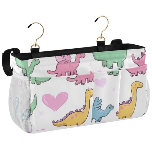 Bedside Caddy Metal Frame Hanging Organizer Bunk Bed Dorm Accessories Hook And Loop Storage Bag Large Pockets Cute Dinosaurs and Hearts - color: Cute Dinosaurs and Hearts