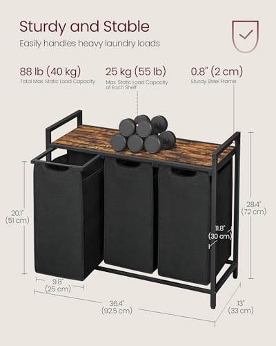 VASAGLE Laundry Hamper, Laundry Basket, Laundry Sorter with 3 Pull-Out and Removable Bags, Shelf, Metal Frame, 3 x 10.6 Gallons (40 L), 36.4 x 13 x 28.4 Inches, Ink Black and Rustic Brown UBLH301B01 - color: Black + Rustic Brown, size: 3 Bags - 120 L