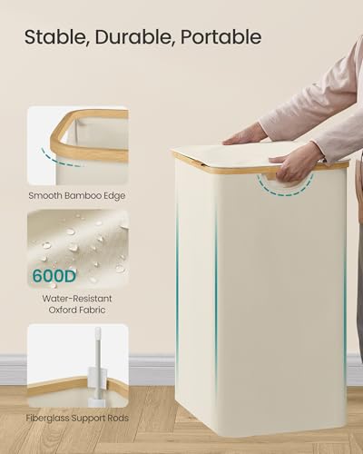 SONGMICS Laundry Hamper, Laundry Basket with Lid, Foldable Storage Basket, Bamboo Frame, for Bedroom, Living Room, Oxford Fabric, 37 Gal. (140 L), Cream White ULCB519WD01 - color: Cream White, size: 140 L (2-Section)