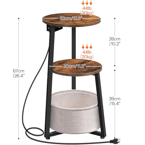 HOOBRO Small Round Side Table with Charging Station, Round End Table with Cotton Linen Storage Basket, Compact Sofa Side Table Nightstand for Small Space, Corner, Living Room, Rustic Brown BF169UBZ01 - color: Rustic Brown + Black
