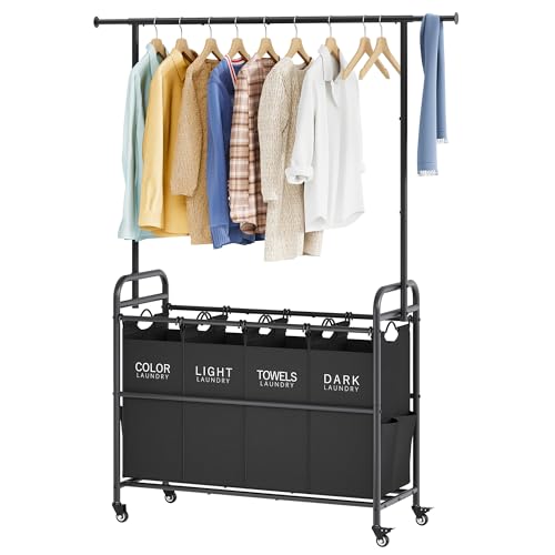 Tajsoon Laundry Sorter Cart with Hanging Clothes Rack, 4 Butler Sorter Basket Organizer, Laundry Hamper Cart with Heavy Duty Rolling Lockable Wheels, Black - color: Black, size: 4 bag