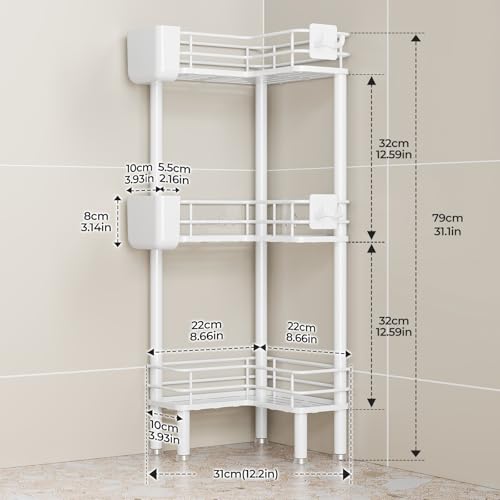 Orimade Rustproof 3 Tier Floor Standing Corner Shower Caddy Organizer with Toothbrush Holder, Large Spacing Floor Shower Shelf Rack Storage Stands with Hooks for Bathroom Kitchen, White - color: White, size: 3 Tier