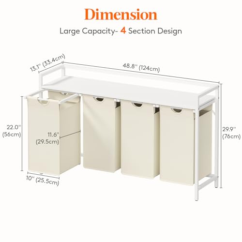 Lifewit Laundry Hamper 4 Section, 168L Pull out Laundry Clothes Basket Organizer with Large Top Shelf and 4 Removable Bags and Handles for Laundry Room Bedroom Bathroom, White with A Shelf - color: White, style: Laundry hamper with a shelf