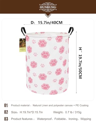 Collapsible Fabric Storage Basket, Waterproof Laundry Hamper with Handles, Round Storage Bin for Clothes Toys, Foldable Organizer for Bedroom Nursery Bathroom(Round-Pink Paw) - color: Round-Pink Paw