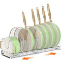 MUDEELA Pots and Pans Organizer Rack for under Cabinet, Expandable Pot Lid Kitchen Cabinet Organizer Holder with 10 Adjustable Compartment Cutting Board Organizer for Pan Lid Cookie Sheet Rack, Silver - style: 10 Dividers-Silver