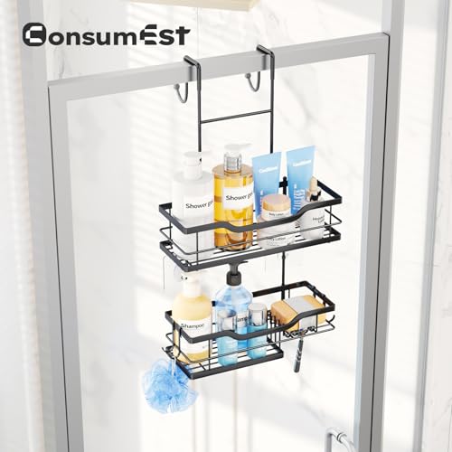Consumest Over Door Shower Caddy - 2 Tier Shower Shelves Hanging with Soap Holders, Large Capacity Shower Organizer with 4 Hooks, Bathroom Rack and Storage, Black - color: Black, size: 2 Tier