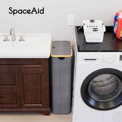 SpaceAid Slim Laundry Hamper with Lid, 65L Narrow Clothes Basket Bin with Bamboo Handles, Skinny Tall Collapsible Hamper for Bedroom, Bathroom, Dorm, Laundry Room - Grey - color: Grey, size: 65 L