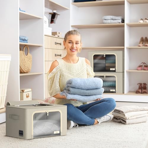 Sorbus Storage Bins with Metal Frame - Stackable & Foldable Clothes Organizer Bags - Oxford Fabric Storage Containers with Large Clear Window & Carry Handles Organization for Bedding Linen & Clothing - color: Beige, size: 6 Pack