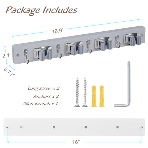 OUTNILI Gray Mop Broom Holder Wall Mount with 4 Slots & 4 Hooks - Wood Broom Mop Hanger for Pantry Closet Laundry Room Organization - Heavy Duty Garden Tool Organizer - color: Gray-4 Grips, size: 1 Pack