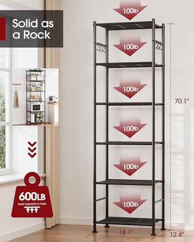 Sakugi Storage Shelves - 6-Tier Large Capacity Shelf Organizer with Hooks, Heavy-Duty Garage Shelving with Leveling Feet, Wobble-Free Rack for Bedroom, Balcony, Garage, 18.1"×12.4"×70.1", Black - color: Black, size: 18.1W×12.4D×70.1H(6T)