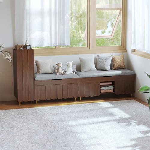 3More 40" Entryway Shoe Storage Bench,Upholstered Hidden Space Beneath Seat Cushion Bench,2-Tier Unique Geometric Shape with Wood Grain,Walnut - color: Brown