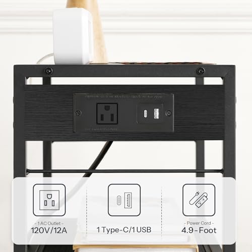 HOOBRO Industrial Printer Stand, 3-Tier Mobile Printer Table, Rolling Cart with Power Outlets and USB Ports, Home Printer Stand with 2 Hooks, for Office, Living Room, Black BB22UPS01 - color: Black
