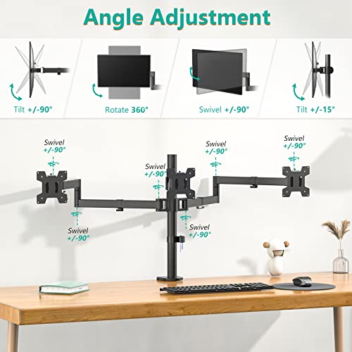WALI Triple Monitor Mount, 3 Monitor Desk Mount for 13-27 inch Computer Screens, Holds up to 22 lbs, Triple Monitors Stand for Desk, with Tilt, Swivel, Rotation, VESA 75/100mm (M003S), Black - size: Triple, style: C-Clamp