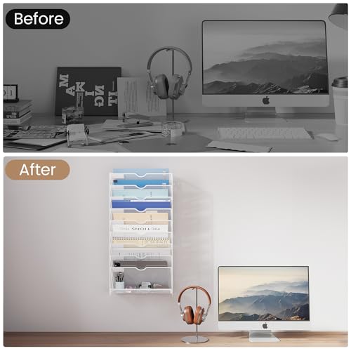 10-Tier Wall Mounted File Organizer, Metal Mesh Paper Holder (White) - color: White
