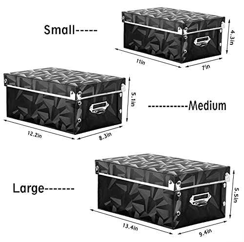 XUCHUN Storage Box with Lid 3 Pack, Collapsible Plastic Storage Bins with Lids, Stackable Foldable Keepsake Box for Photos Office Bedroom, 3 Sizes - Black - color: Black 3 pcs