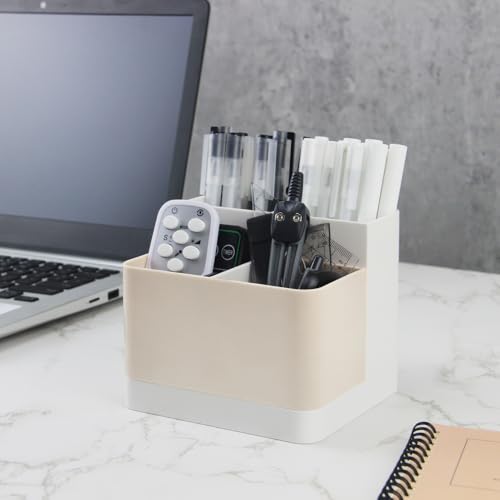 Poeland Desktop Storage Organizer, Pen and Pencil Cases Boxes, Pen or Pencil Holder Box Container for Desk, Office Supplies, Vanity Table Tan - color: White+Tan