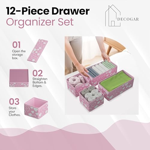 12 Pack Foldable Pink Drawer Organizers – Fabric Baby Clothes Organizer for Nursery Dresser & Closet | Pink Storage Bins, Drawer Dividers for Baby Clothes, Diapers, Socks & Toys - color: Pink with white hearts