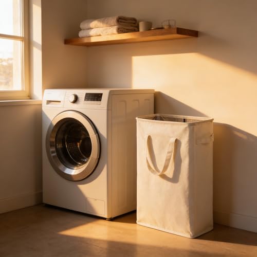 ZERO JET LAG Slim Laundry Hamper With Handles Collapsible Laundry Basket Thin Dirty Clothes Basket Narrow Laundry Bag Foldable Dirty Clothes Hamper 45L (23 inches,Beige) - color: Beige