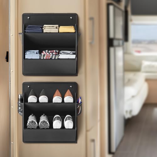 2 Pack RV Shoe Storage with Sticky Adhesive Tape, Over the Door Shoe Rack, Wall Hanging Shoe Organizer with Large Deep Pockets for Camper, Narrow Space Saving Closet Organizers Black - color: Black