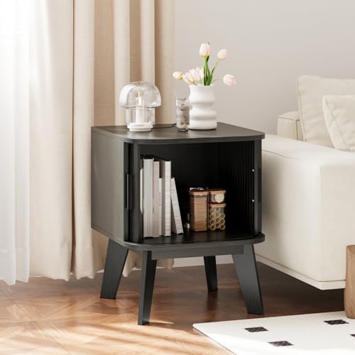 Fluted Nightstand with Sliding Tambour Doors, Curved Edge Wood Bedside Table for Bedroom, Side Tables with Storage for Living Room (1, Square - Black) - color: Square - Black