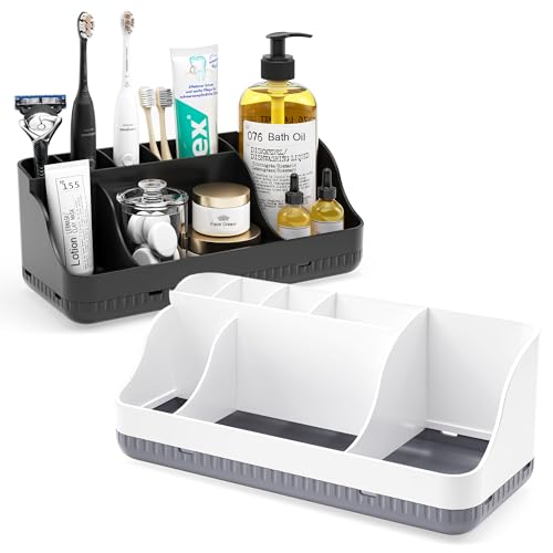 Bathroom Counter Organizer and Storage, 7 Slots Detachable Toothbrush Holders for Bathrooms, Anti-Slip Electric Toothbrush and Toothpaste Holder Countertop Vanity Organizer Accessories for Adults Kids - color: Whitegrey + Black