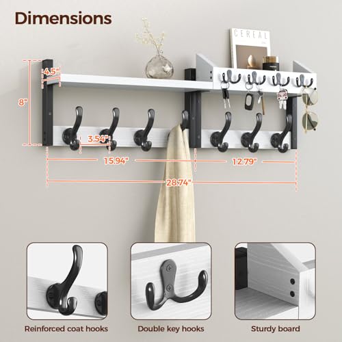 Evermagin 29" Coat Rack Wall Mount with Shelf, 4 in 1 Coat and Key Hanger with 11 Metal Hooks, Entryway Wall Mounted Shelf with Mail Holder for Living Room, Bedroom, White - color: White, size: 29 inch