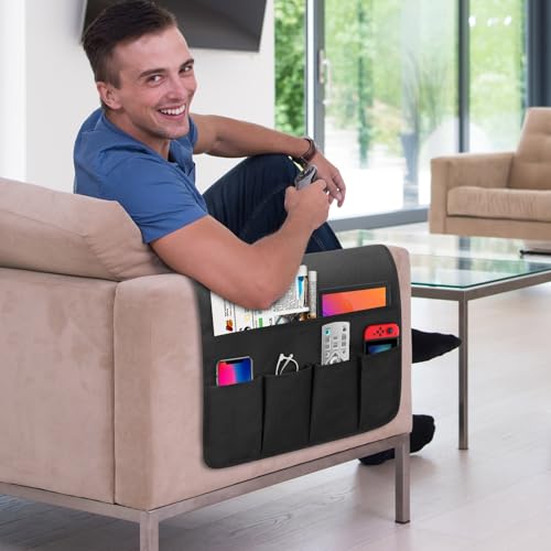 Non-slip Couch Organizer Armchair Caddy, Oxford TV Remote Control Holder Bedside Caddy with 5 Pockets for Key Glasses Phone Magazine Holders. - size: 35''x18''