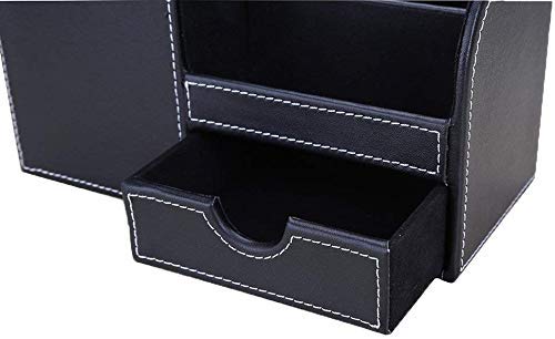KINGFOM Desk Organizer Office Supplies Caddy Pu Leather Multi-function Storage Box Pen/Pencil,Cell phone, Business Name Cards Remote Control Holder with Small Drawer Black - color: Black