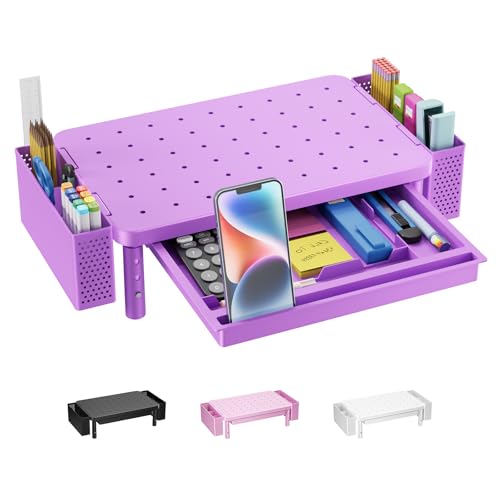 WALI Computer Monitor Stand with Storage, Desk Organizer with Drawer and Pen Holder, Desk Monitor Riser 3 Height Adjustable, Laptop Riser for Laptop, Printer (PTT003-V), 1 Pack, Violet - color: Violet, size: with Drawer and Pen Holder