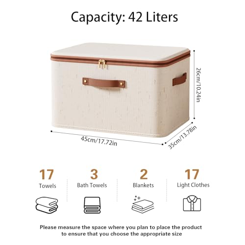 Tuza 3 Pcs Rigid Storage Bins with Zipper Lid, Cotton Linen Fabric Storage Boxes, Foldable Shelves Clothes Storage Cubes with Handles for Wardrobe, Closet(Beige, 42L) - size: XL-42L