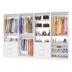 Closet System with 4 Sets, 8–21 FT Closet System with 6 Drawers, 9 Shelves & 8 Hanging Rods, Max 252″ Closet Organizer System for Walk in Closets, Modular Custom Wood Closet Kit, White