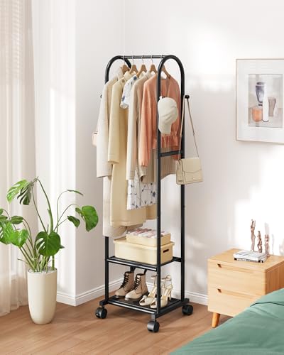 Sakugi Heavy Duty Premium Clothes Rack with 2-Tier Mesh Shoe Shelves & 4 Hooks, Lockable Wheels, Space-Saving, Multi-Functional for Bedroom, Entryway, Closet, Modern Design, 18.4" x 12.6" x 72", Black - color: Black