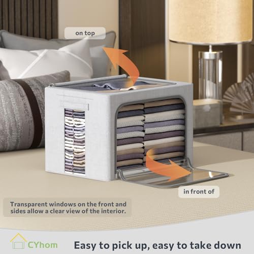 CYhom Clothes Storage Bins Box - Foldable Stackable Container Organizer Set with Clear Window & Carry Handles & Metal Frame - 2Pack Large Capacity for Bedding, Blankets, Books - color: Light Grey, size: Small-22L