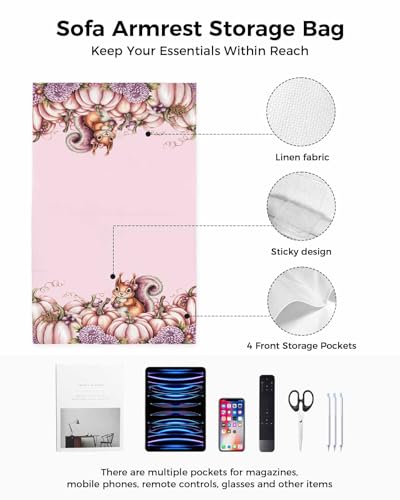 Fall Thanksgiving Remote Control Holder for Bed Recliner Sofa Armrest Organizer, Purple Pumpkin Autumn Flower Botancial Couch Caddy Bedside Storage with 5 Pockets for Magazine/Phone/Cup 19.7"x35" - color: Pumpkinsdy8851, size: 19.7 x 35 Inch