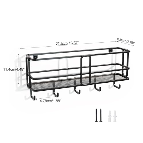 SRIWATANA Key Holder for Wall, Mail Organizer Wall Mount with Metal Storage Basket, Key Holder with 5 Hooks for Entryway, Office, Home Decor, Black - style: Large