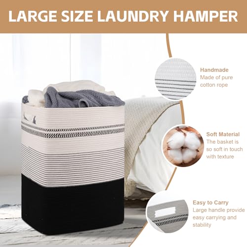 80L Large Cotton Rope Laundry Basket for Bedroom & Laundry Room, Tall Clothes Hamper with Sturdy Handles, Neutral Storage Bin Capable of Holding Blankets and Toys - color: Black& White, size: 80L