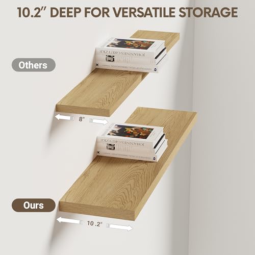Vivelove 10" Deep Floating Shelves with Invisible Brackets, 30" Wall Shelves for Bathroom Bedroom Kitchen Living Room Laundry Room, Modern Rustic Shelves for Home Decor, 30"x10.2"x1.5", Set of 2, Oak - color: Oak, size: 30”Wx10.2”Dx1.5”H