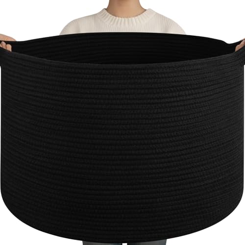 OIAHOMY 115L Extra Large Blanket Basket, 23.6" x 15.4" Woven Cotton Rope Laundry Basket for Organizing Pillows, Decorative Stuffed Animal Toy Storage Bin for Nursery, Black - color: Black, size: 23.6"D x 15.4"H