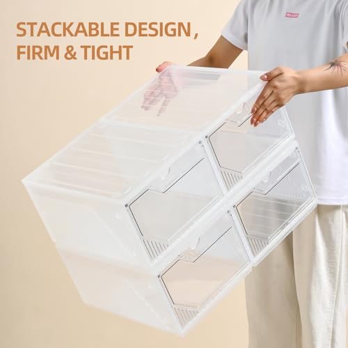 Large Shoe Boxes Clear Plastic Stackable，Drop Front Shoe Box with Clear Door, Shoe Containers For Sneaker Display,Fit up to US Size12 (white clear-Conjoined structure, 10 pack) - color: white clear-Conjoined structure, size: 10 pack
