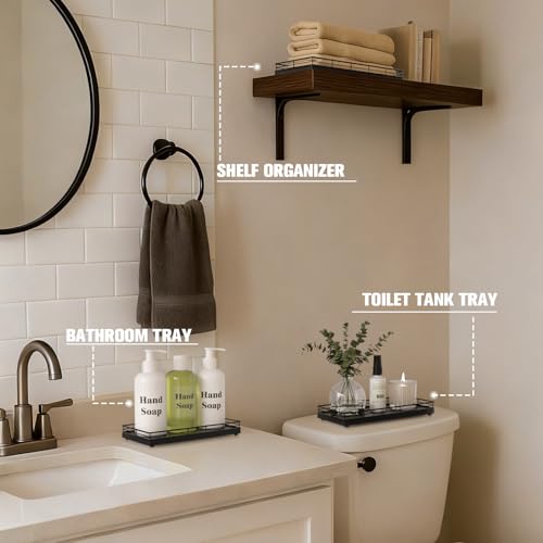 Bathroom Vanity Tray for Countertop, 12" x 6" Oak Wood Toilet Tank Tray with Metal Guardrail, Bathroom Organizer for Soap, Perfume & Skincare, Non-Slip Decorative Tray for Dresser & Vanity, Black - color: Black, size: 12" x 6" x 1.5"