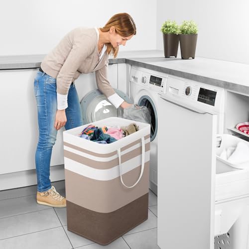 StorageRight Large Collapsible Laundry Basket Hamper with Easy Carry Handles，Freestanding Clothes Hampers for Laundry, Bedroom, Dorm, Towels, Toys, 75L, Khaki - color: Khaki, size: 75L