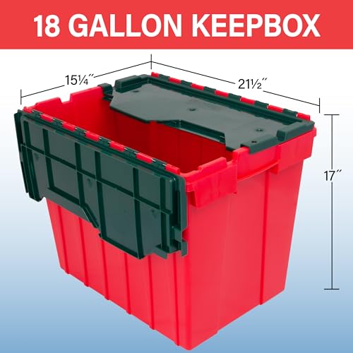 Akro-Mils KeepBox 18 Gallon Storage Container, Nesting and Stackable Plastic Storage Box with Lid Attached, Organizer Tote for Garages, Closets, and Moving, 21" x 15" x 17", Red/Green - color: Red/Green, size: 18 Gallons