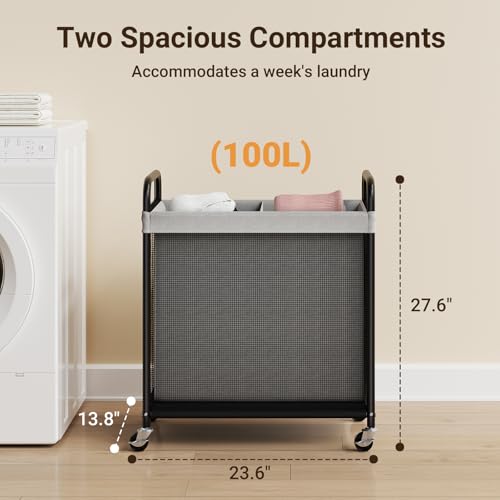 ELYKEN Laundry Hamper 2 Section, 100L Rolling Laundry Sorter with Removable Liner Bag, Laundry Basket with Wheels, Steel Frame with Metal Handle, Clothes Hamper Cart for Laundry Room & Bedroom - color: Gray, size: 2-Section