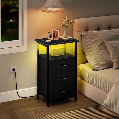 Vagusicc Night Stand with Charging Station, LED Nightstand for Bedroom, Bedside Table with 3 Fabric Drawers, End Table Side Table with USB Ports and Outlets, Bed Side Table for Bedroom, Black - color: Black, size: 1 Piece, style: With LEDs