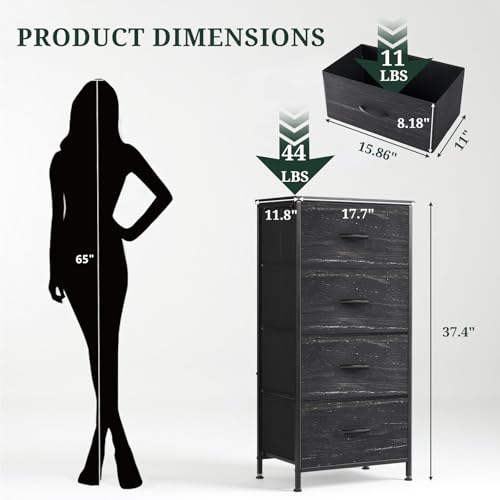 Nightstand, 4 Drawer Dresser End Table Bedside Furniture with Wooden Top Steel Frame Fabric Bins for Bedroom, Closet, Entryway, Dorm, Living Room, Charcoal Black - color: Charcoal Black, size: 11.8"D x 17.7"W x 37.4"H (4 Drawers)