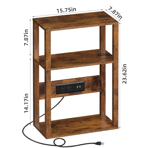 YUFAM 3-Tier Small Narrow Wood Side Table Set of 2 with Charging Station - Skinny Nightstand for Small Spaces, Slim Bedside Table with USB Ports and Outlets - Thin End Table with Storage, Brown - color: Brown, size: 2 Pack