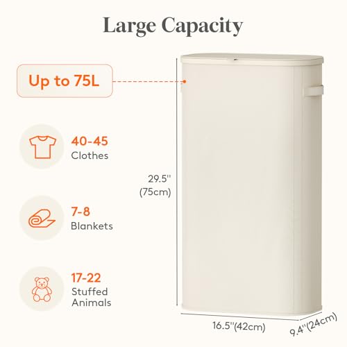 Lifewit Slim Laundry Basket with Lid, Narrow Large Laundry Hamper with Plastic Handles and Removable Bag, Tall Foldable Dirty Clothes Hampers for Laundry Room, Bedroom, Bathroom, Dorm, 75L White - color: White, size: 75L